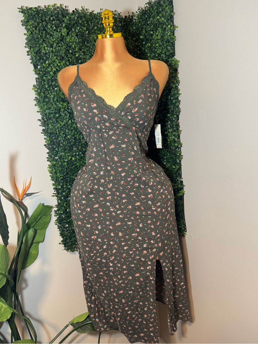 No Boundaries Charcoal Midi Slip Dress with Pink Floral Print